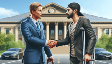 A photorealistic image of a lawyer shaking hands with a relieved-looking injured person. The lawyer is wearing a suit and tie, and the injured person is holding a cane or using crutches. In the background, there is a courthouse building.