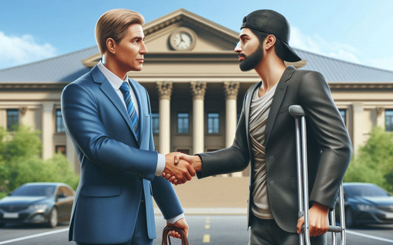 A photorealistic image of a lawyer shaking hands with a relieved-looking injured person. The lawyer is wearing a suit and tie, and the injured person is holding a cane or using crutches. In the background, there is a courthouse building.